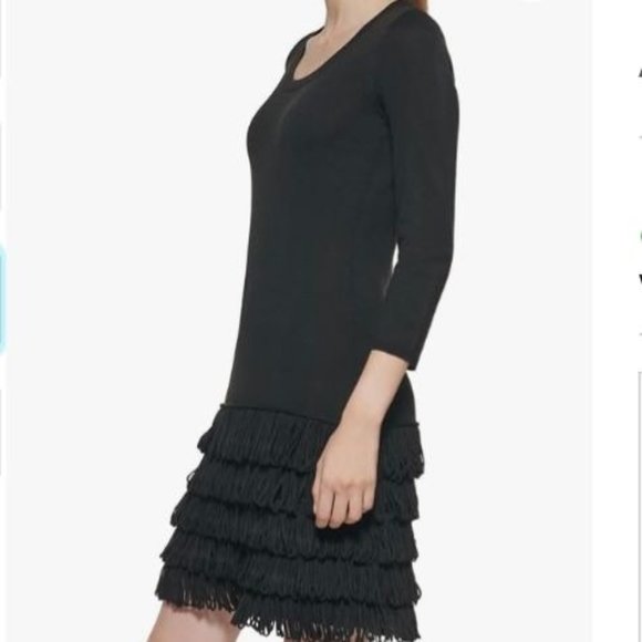 Calvin Klein Sz L Dark Heather Grey 3/4 Sleeves Crew Neck Fringe Sweater Dress - Picture 4 of 14